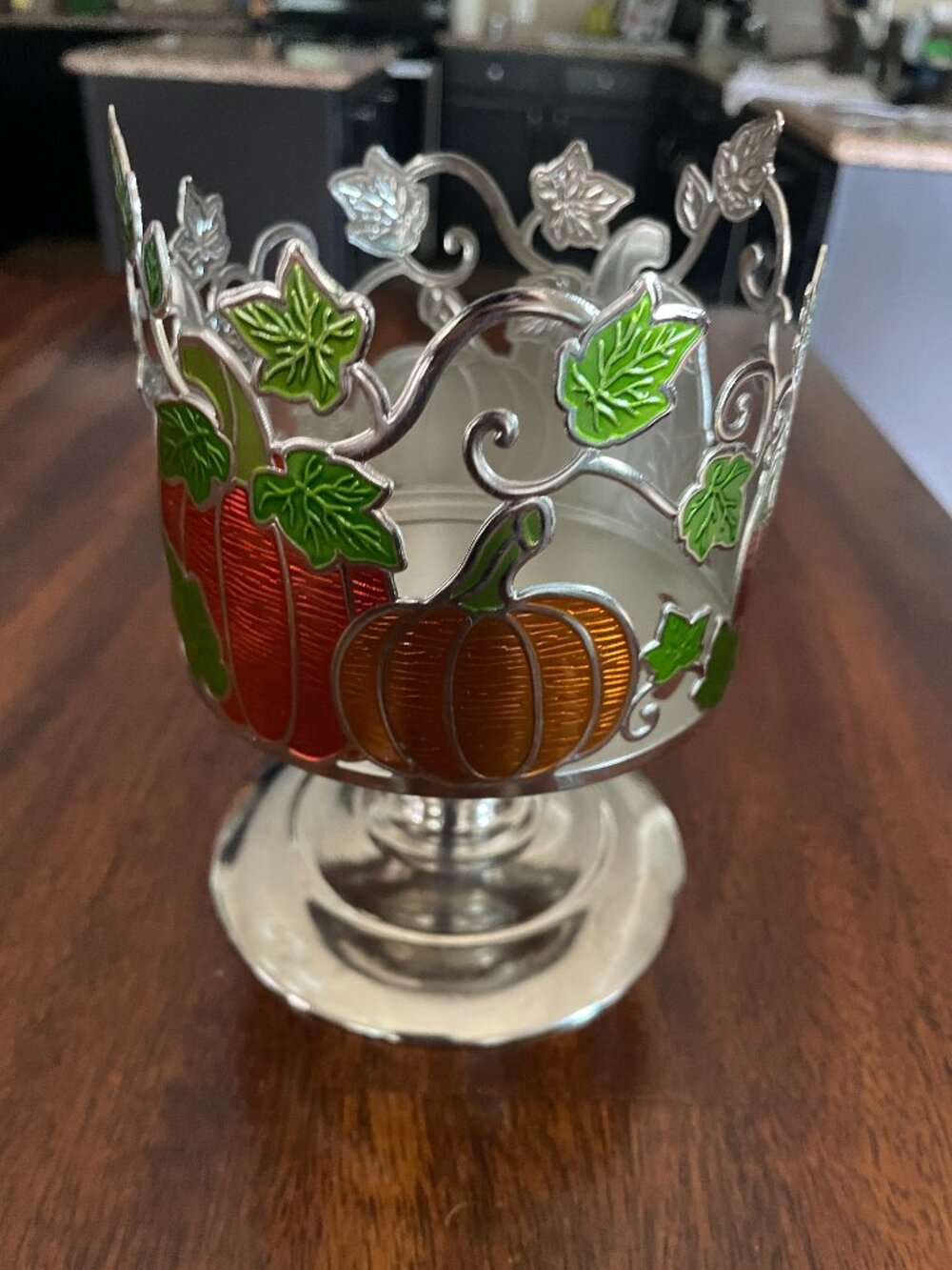 Bath & Body Works Pumpkin Pattern Metal 3 Wick Candle Pedestal Holder!